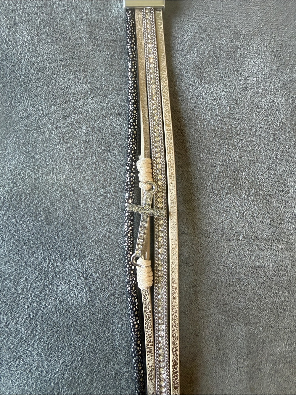 Multi-Row Metallic and Black Cross Wrap Bracelet